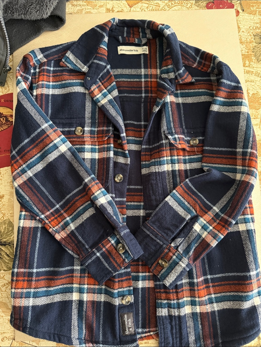abercrombie kids Navy, Orange, White Plaid Button-Up thick Flannel